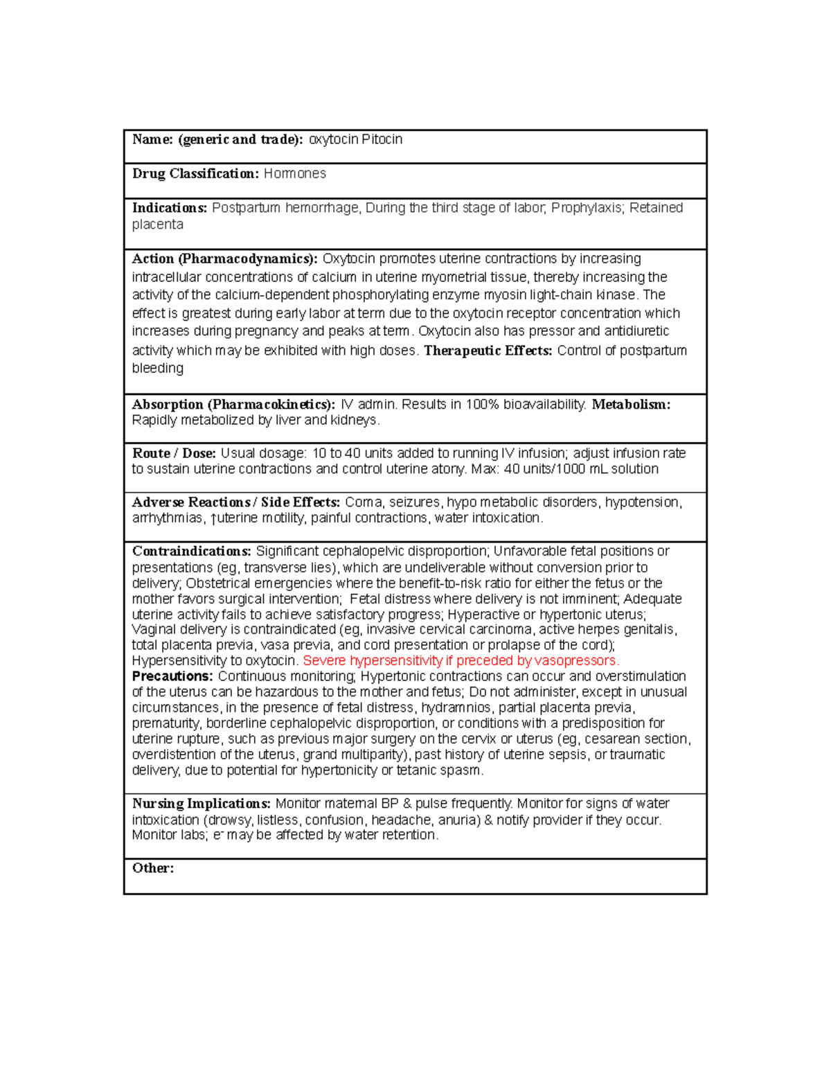 Med Card Pitocin - Name: (generic And Trade): Oxytocin Pitocin Drug 