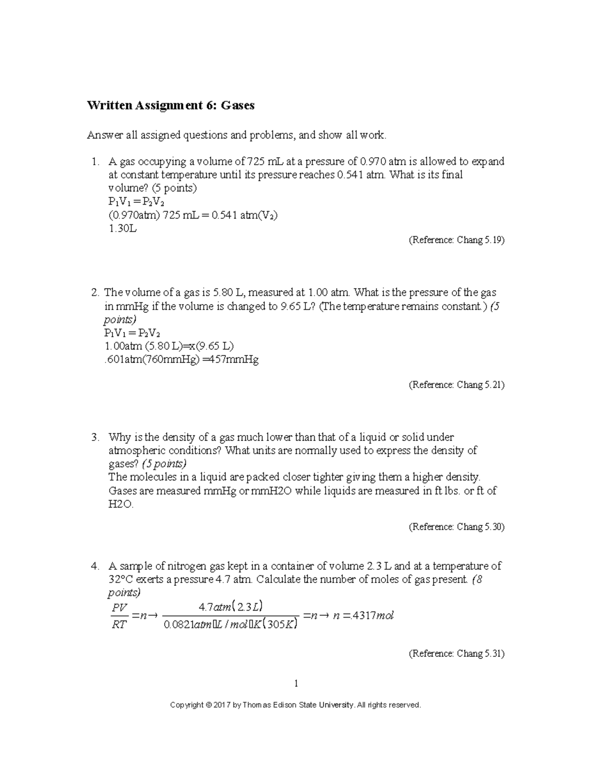 WA 06 Written Assignment 6 Gases Answer All Assigned Questions And