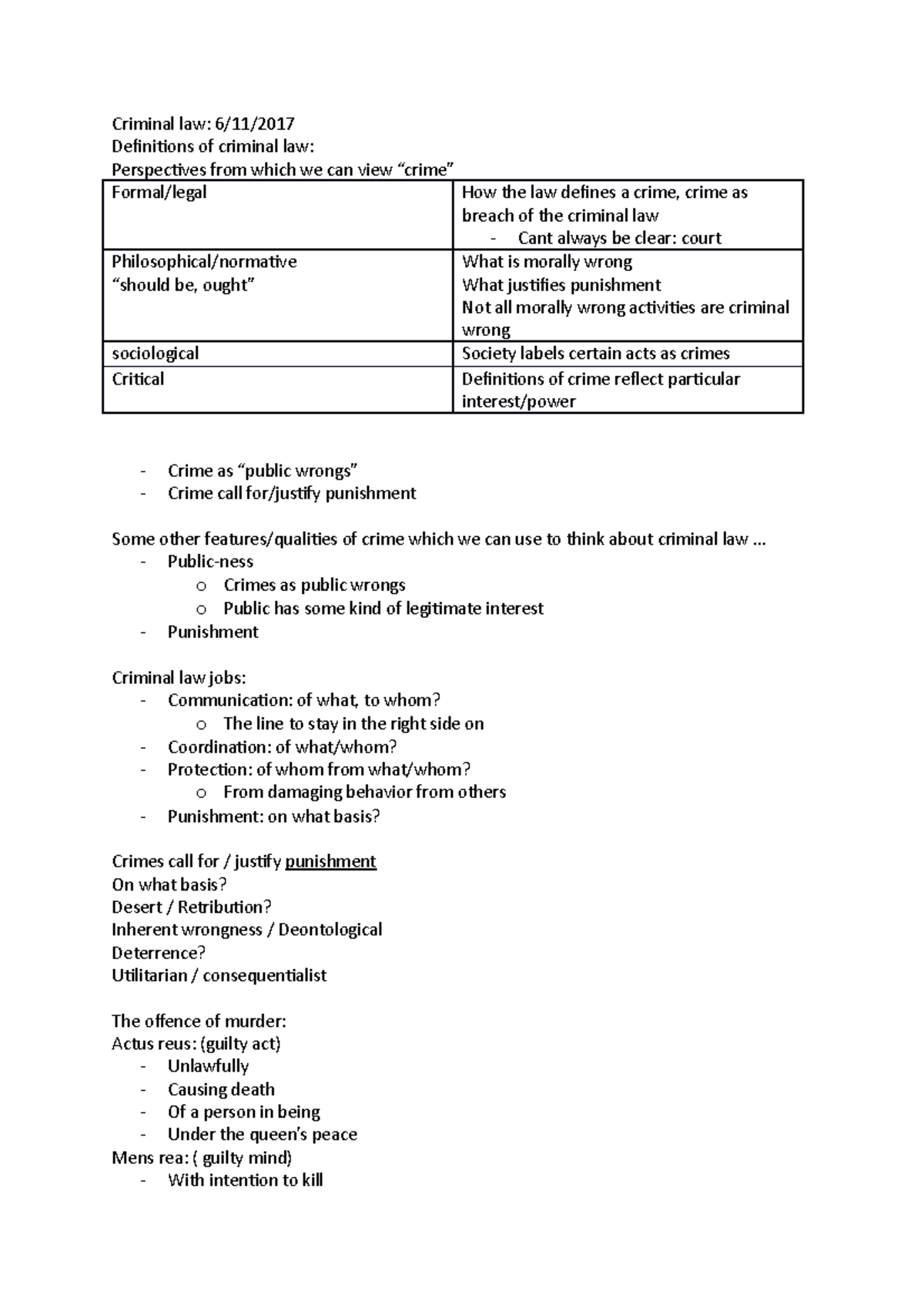 Crim plenary 1 - Lecture notes 1 - Criminal law: 6/11/ Definitions of ...