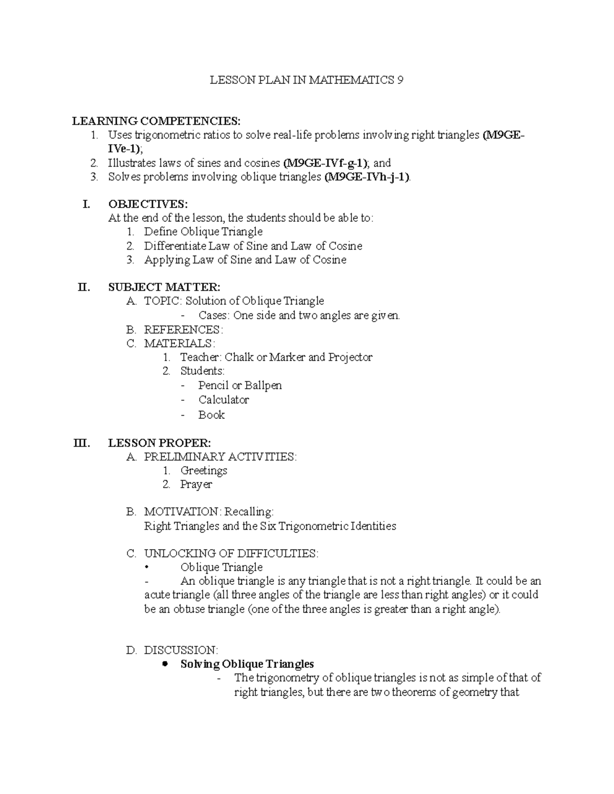 Lesson PLAN IN Mathematics 9 - LESSON PLAN IN MATHEMATICS 9 LEARNING ...