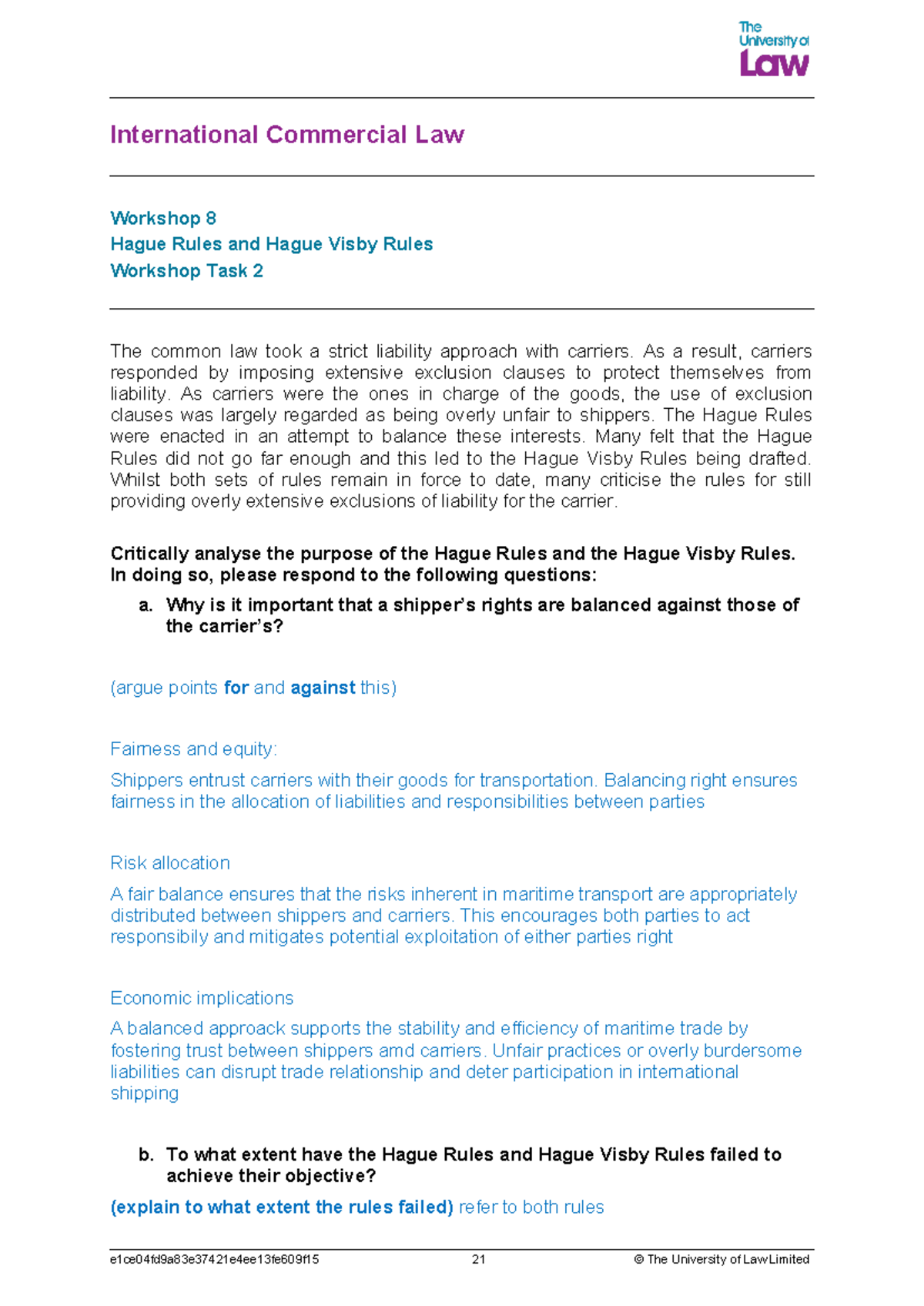 Engage task 2 icl 8 - International Commercial Law Workshop 8 Hague ...