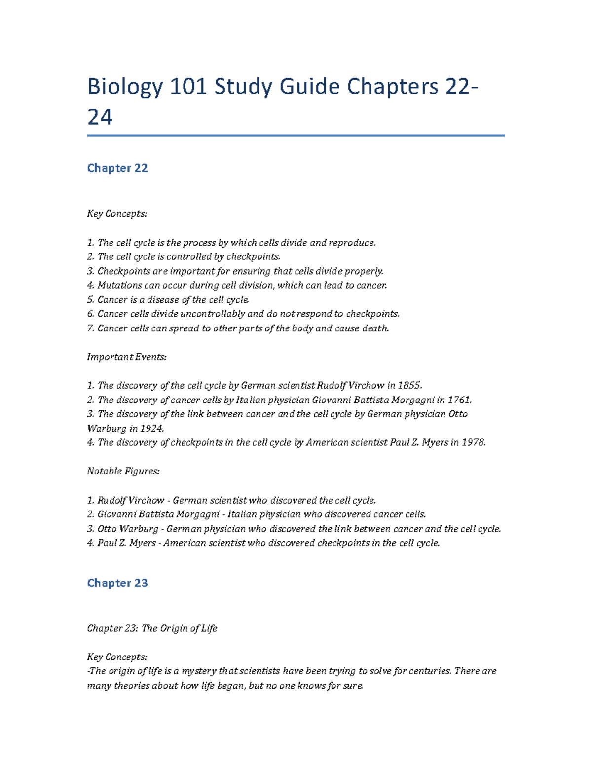 Biology 101 Study Guide Chapters 22-24 - The Cell Cycle Is Controlled ...