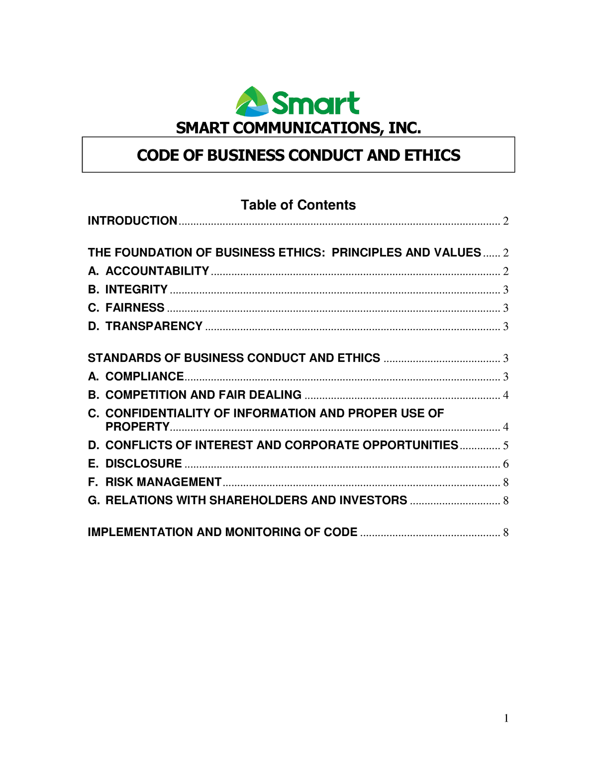 Code Of Business Conduct Amp Ethics - SMART COMMUNICATIONS, INC. CODE ...