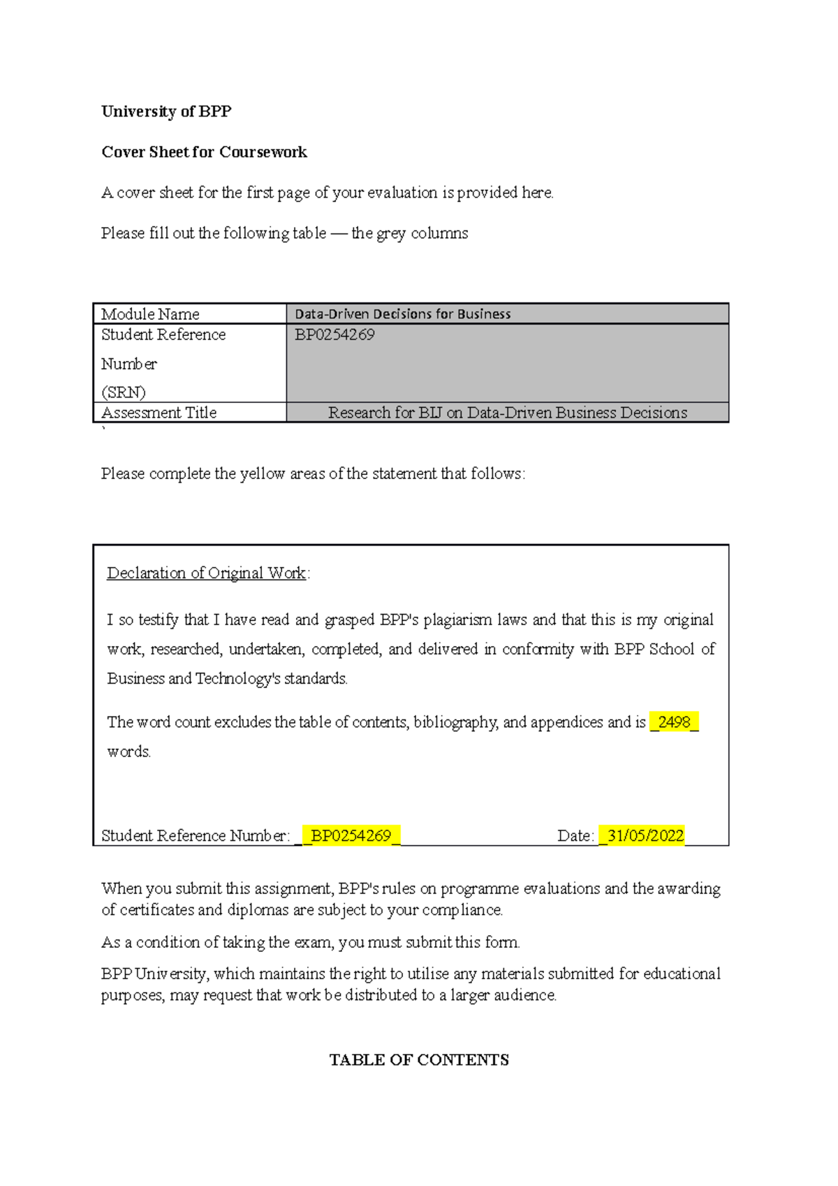DATA Driven - h j n mn - University of BPP Cover Sheet for Coursework A ...