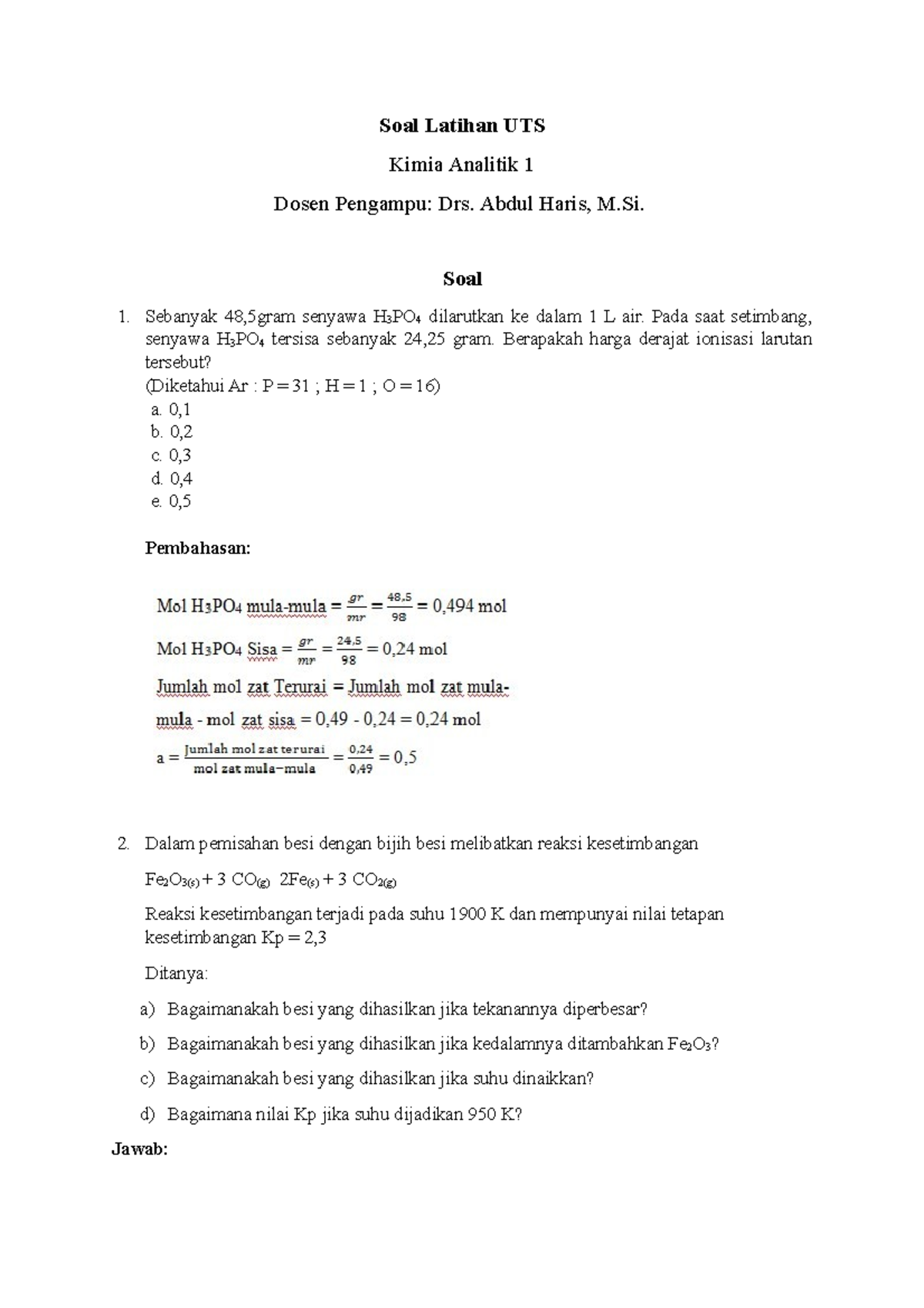 Soal Kimia Analitik 1 Kelompok 1 - Soal Latihan UTS Kimia Analitik 1 ...