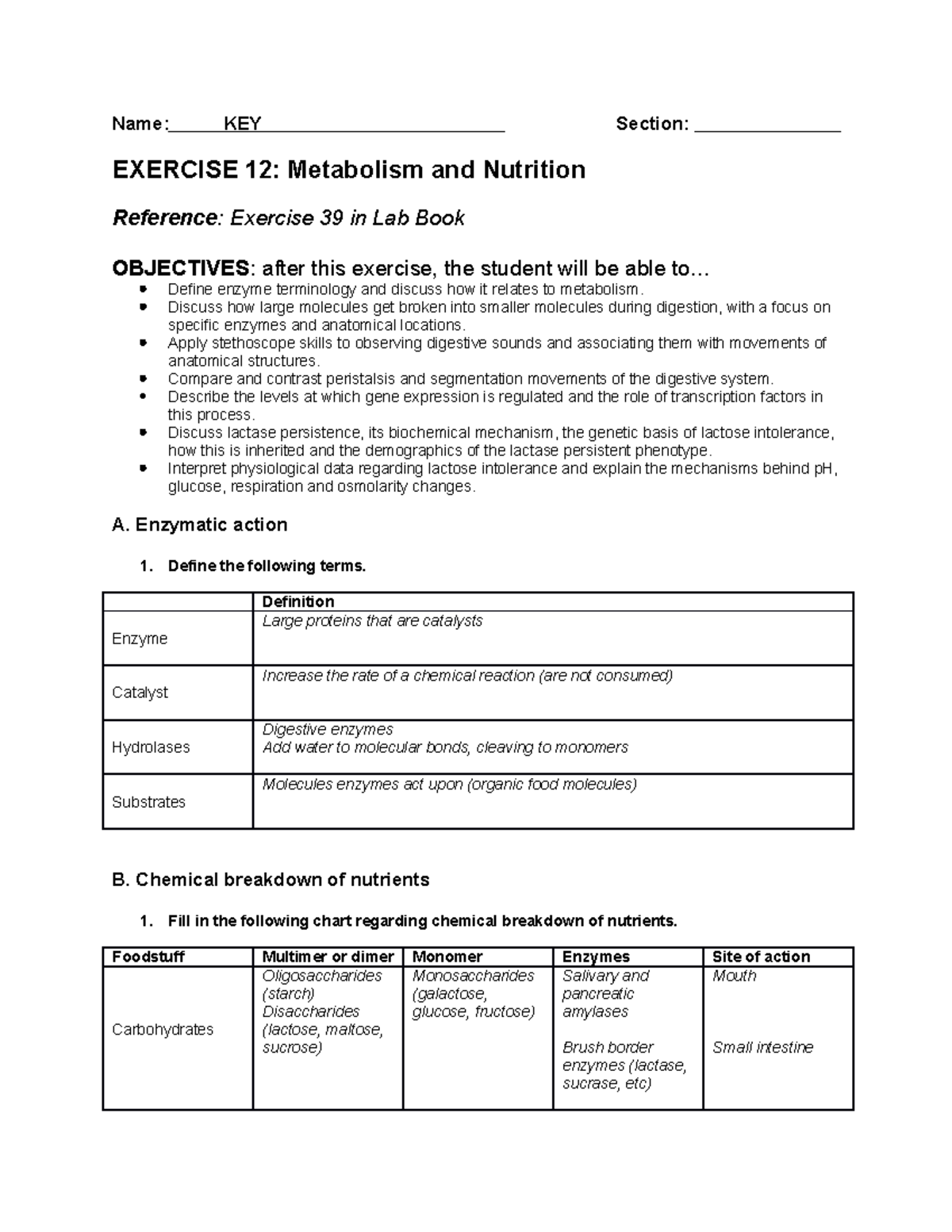 Basta Lactase Lab Key This will help understand the first unit