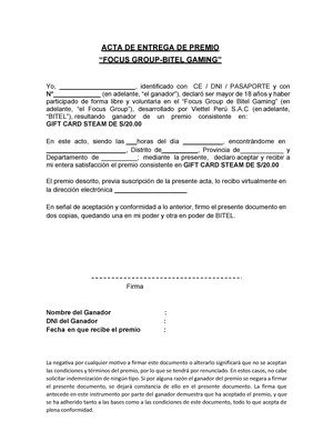 Plantilla Acta de Entrega - Mayor de 18 años - Provincia - ACTA DE ENTREGA  DE PREMIO “FOCUS - Studocu