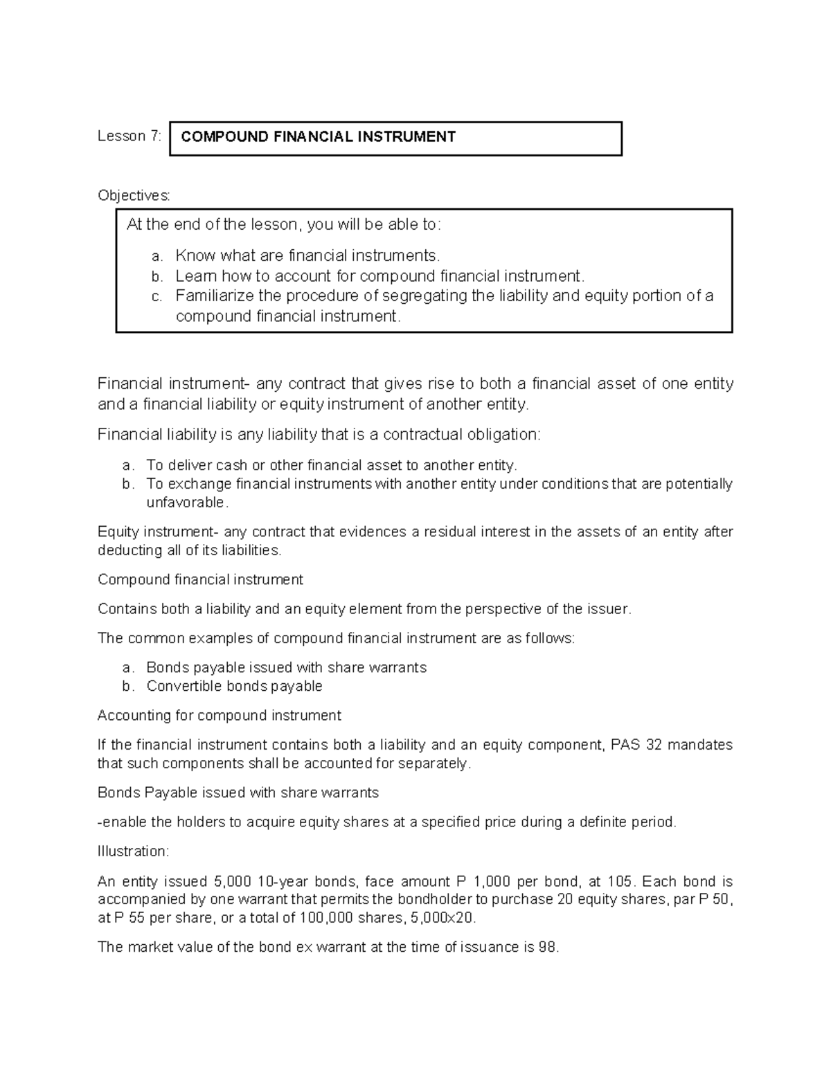 Lesson 7 - QUIZ - Lesson 7: Objectives: Financial instrument- any ...