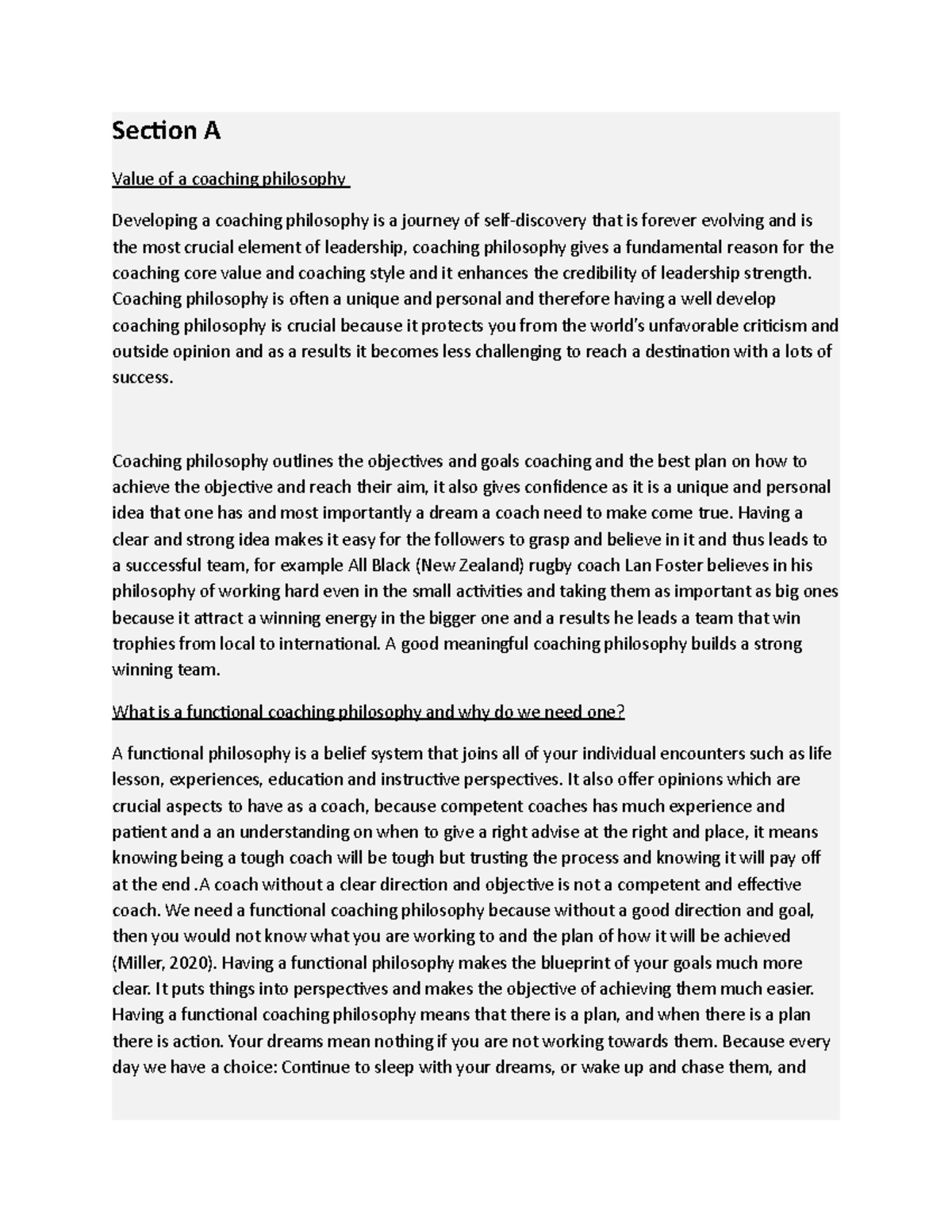 Coaching Philosophy Assigment Section A Value Of A Coaching