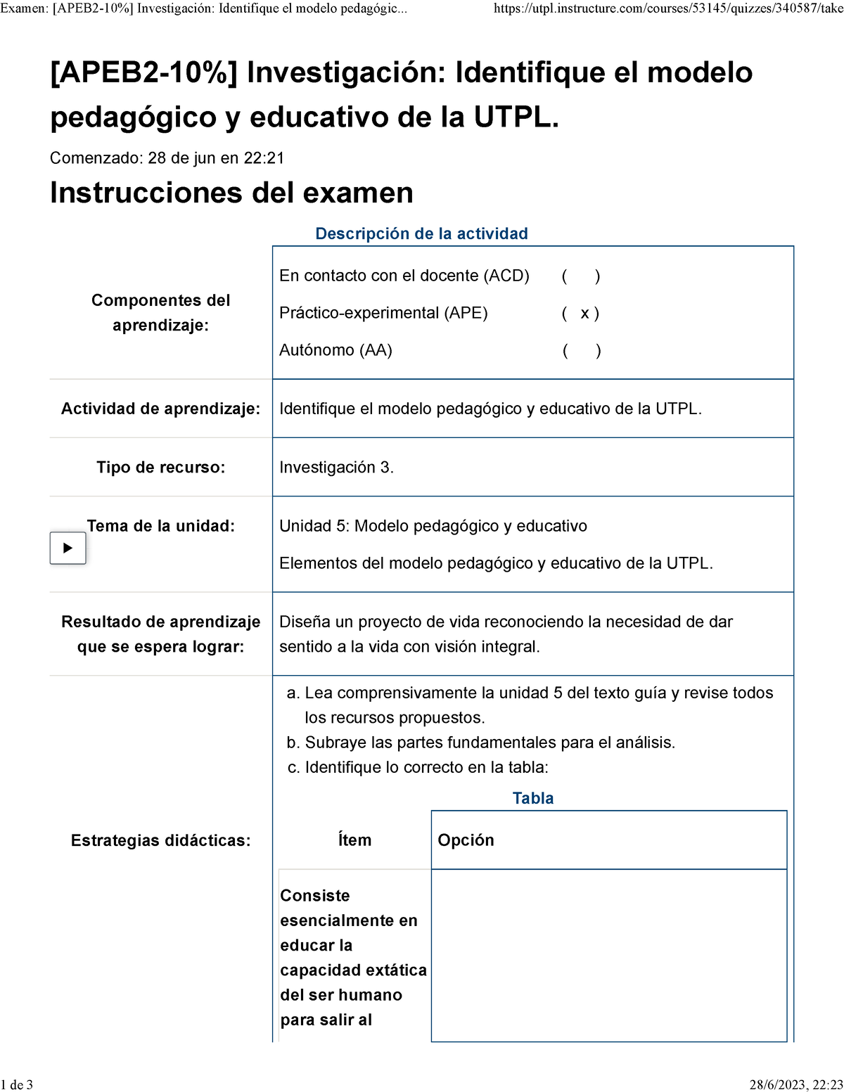 Examen [APEB 2-10 ] Investigación Identifique El Modelo Pedagógico Y ...