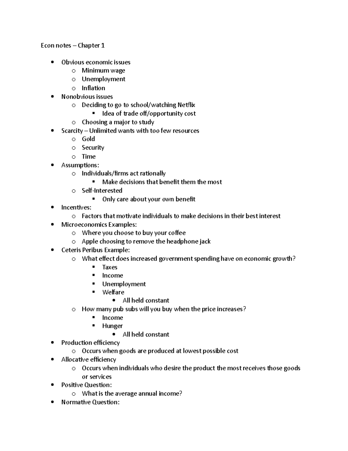 Econ notes – Chapter 1 - Econ notes – Chapter 1 Obvious economic issues ...