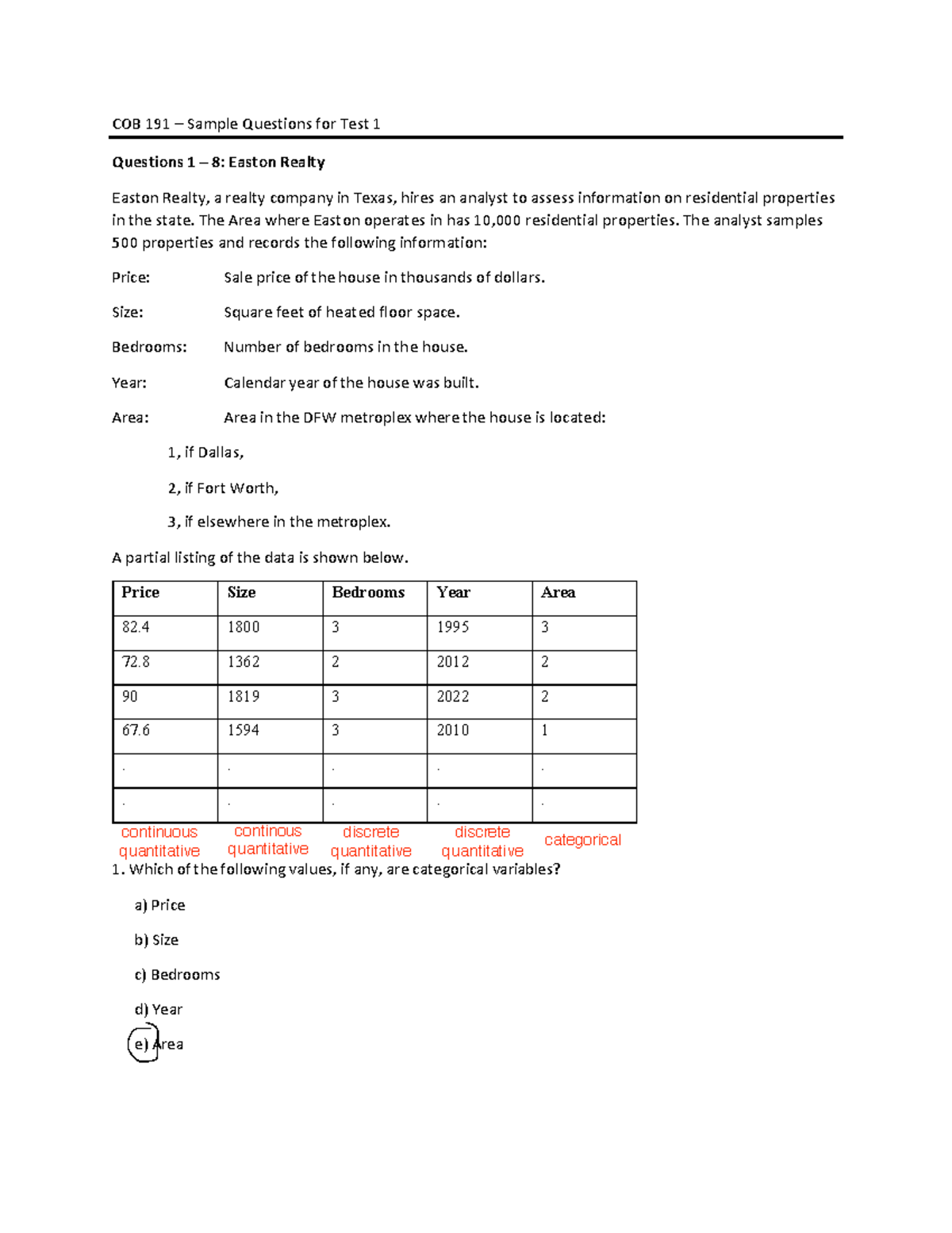 Spring 2024 Sample Questions for Test 1 - COB 191 – Sample Questions ...