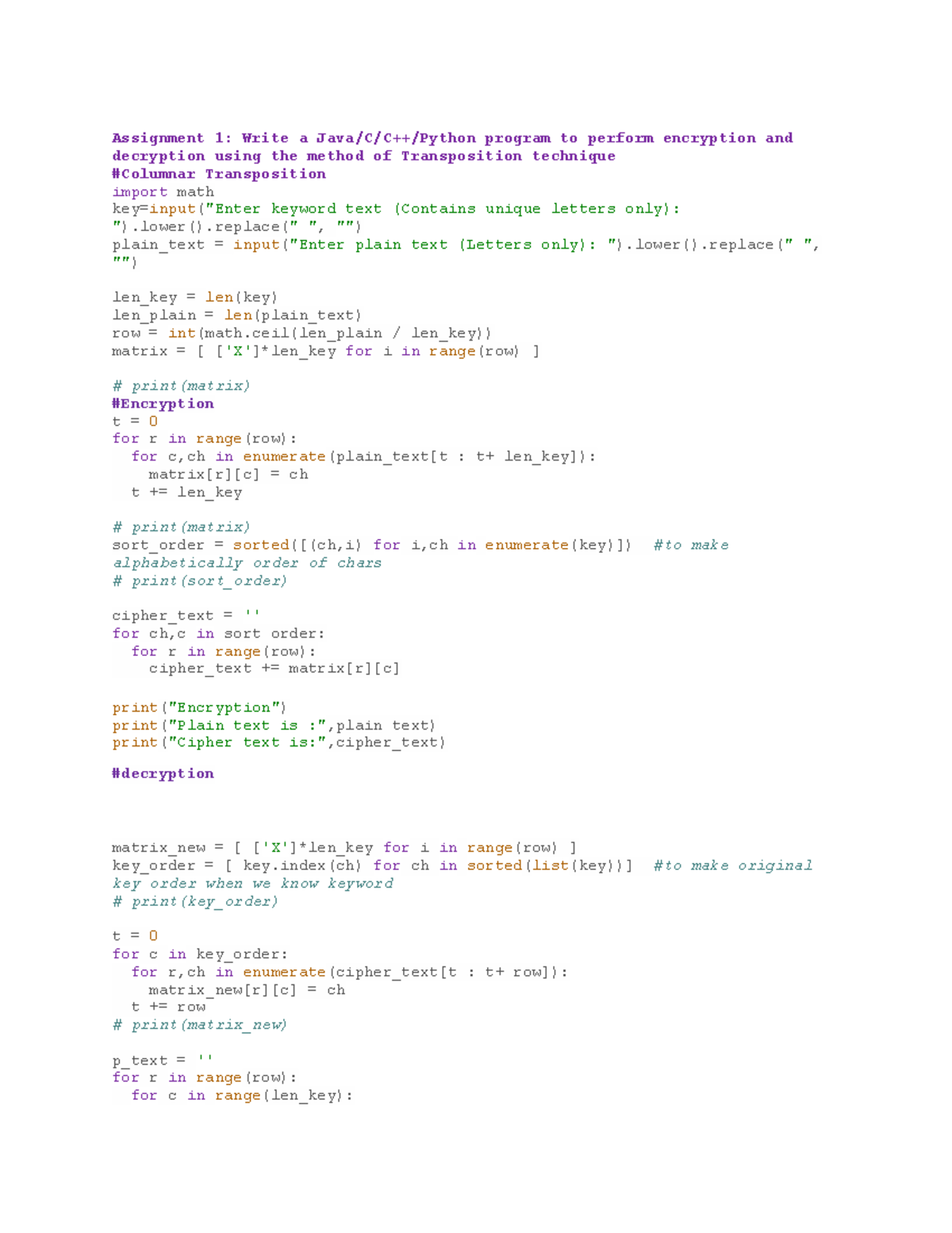 Assignment Number Assignment Write A Java C C Python Program To Perform Encryption And