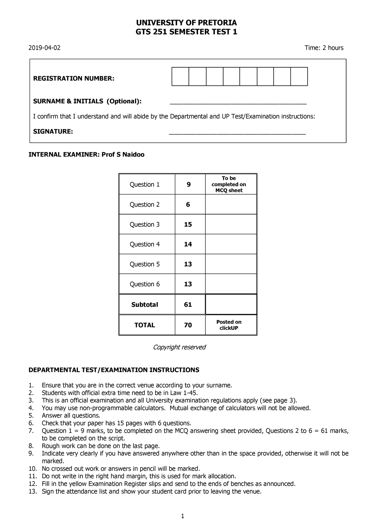 GTS251 Semester Test 1 2019 for click UP - UNIVERSITY OF PRETORIA GTS ...