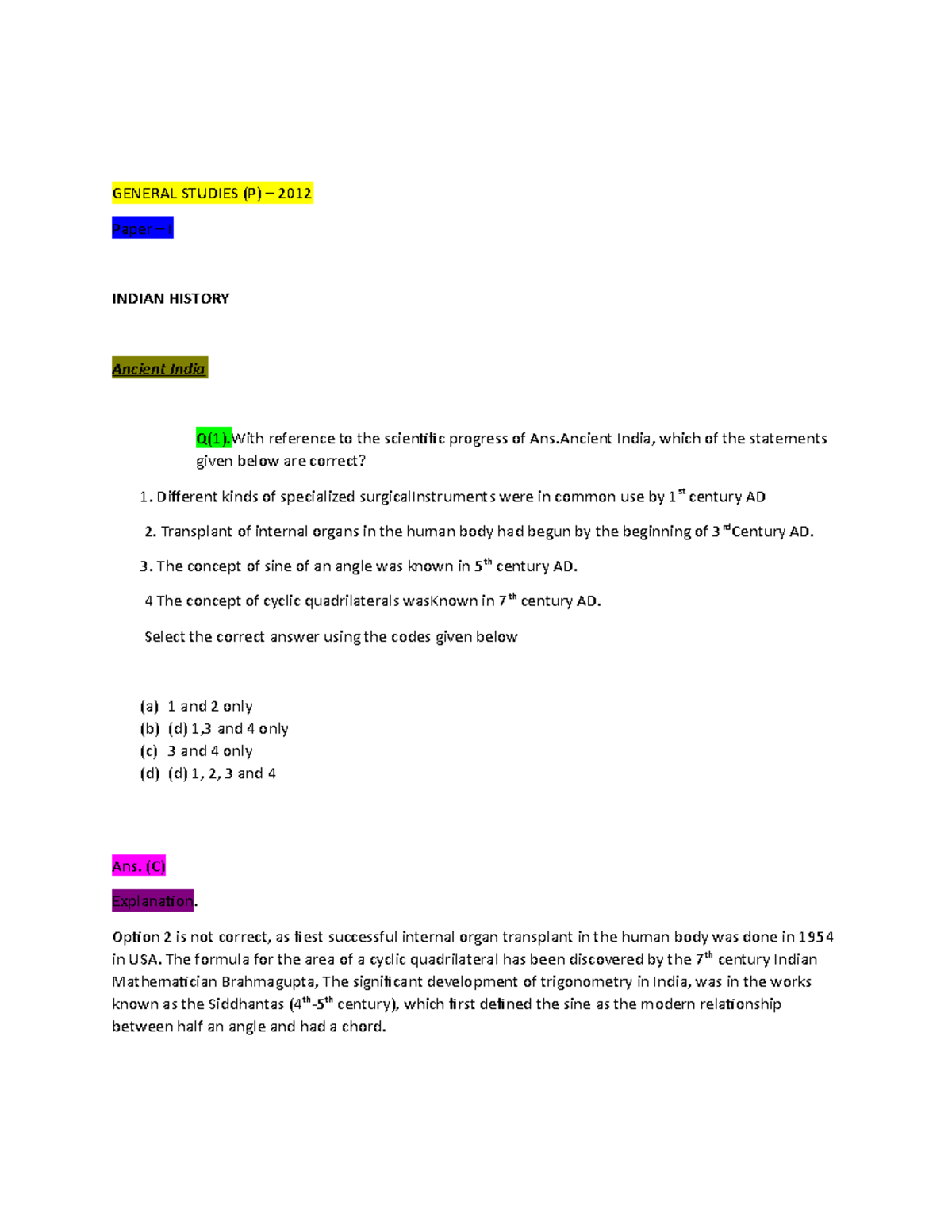 General Studies Indian History General Studies P 2012 Paper I General Studies Indian History General Studies P 2012 Paper I