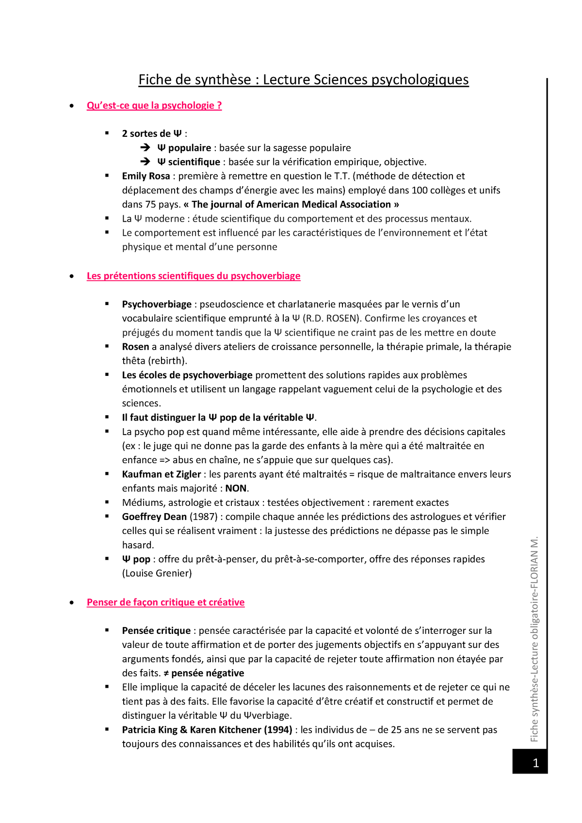 Fiche De Synthèse Sc Psy - Fiche SynthËse-Lecture Obligatoire-FLORIAN M ...