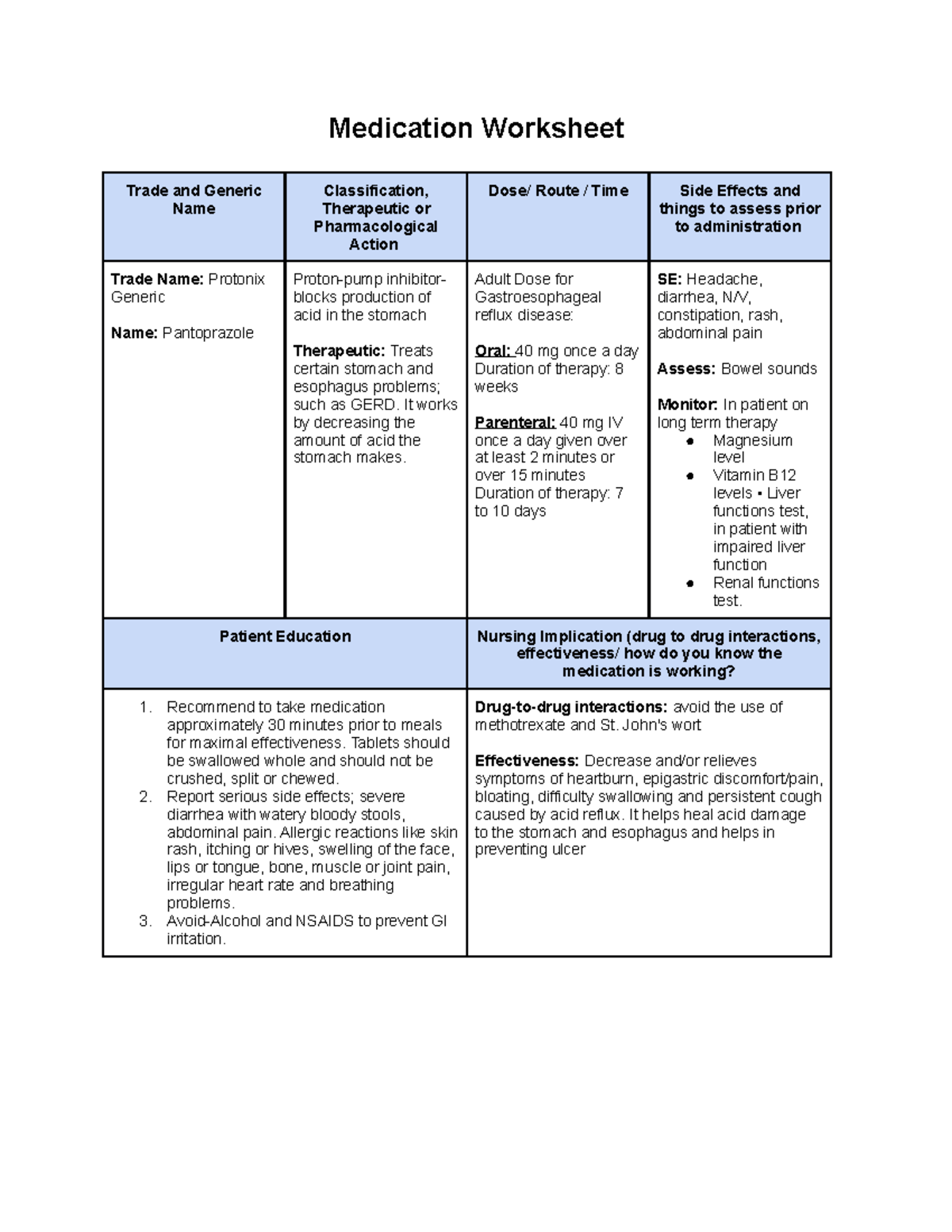 nursing medication worksheet