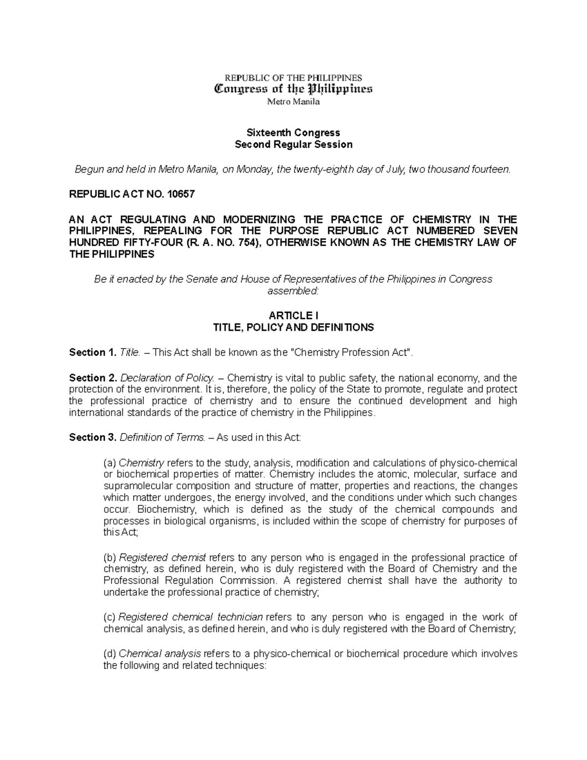 R.A. 10657 - Chemistry Law of the Philippines - Sixteenth Congress ...