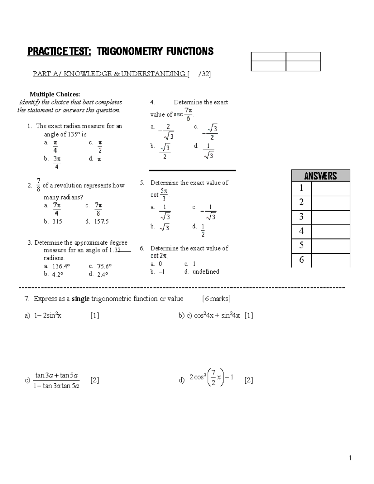 Unit4Part2Practice Testwo ASpdf - PRACTICE TEST: TRIGONOMETRY FUNCTIONS ...