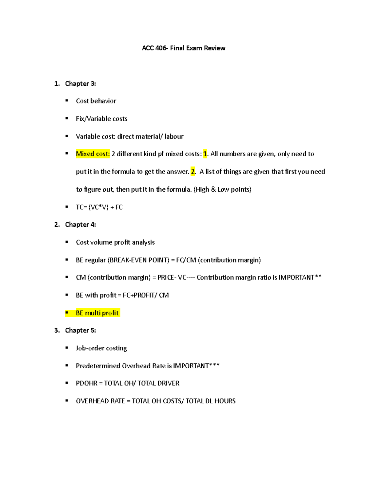 ACC 406 Final Exam Review - ACC 406- Final Exam Review Chapter 3: Cost ...