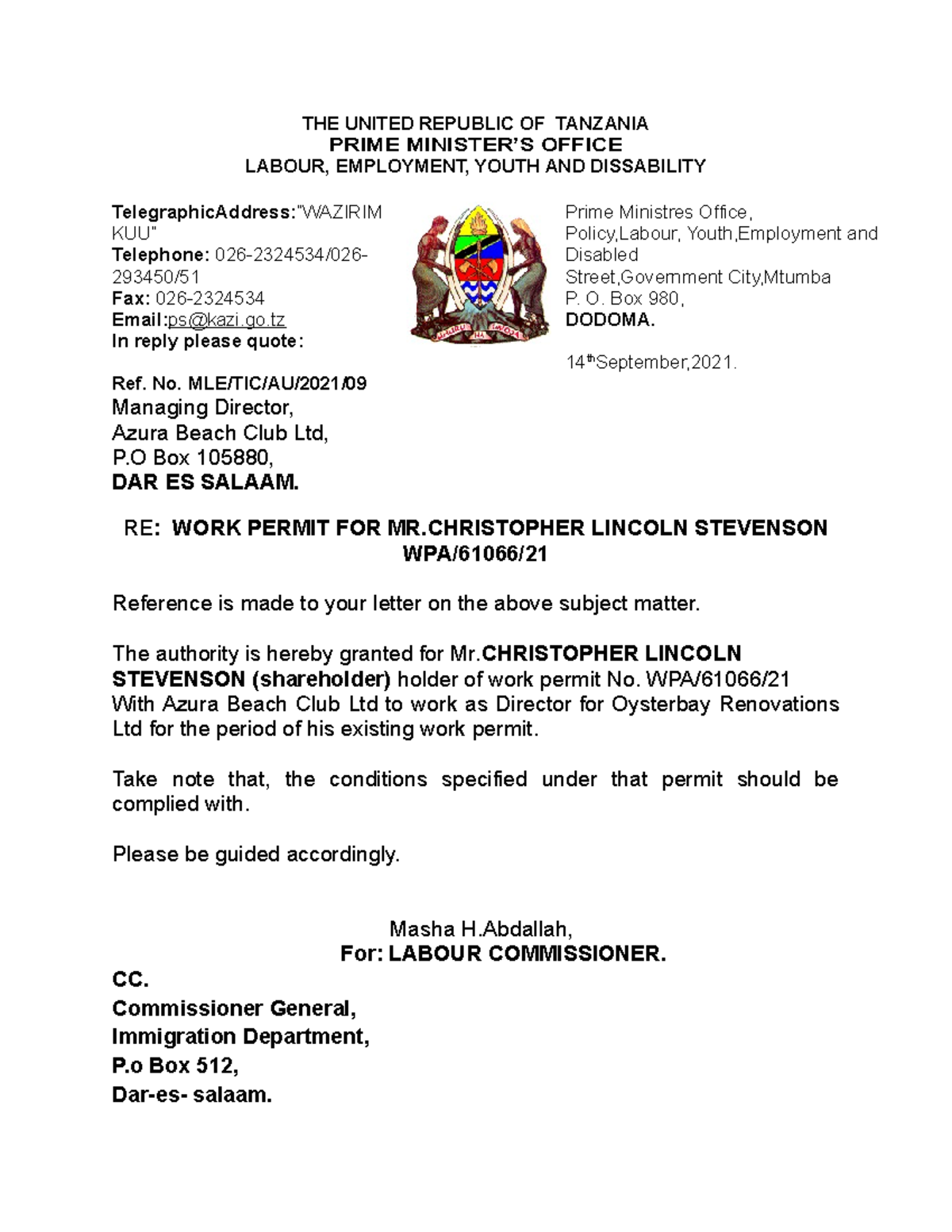Authority Letter Azura THE UNITED REPUBLIC OF TANZANIA PRIME MINISTER