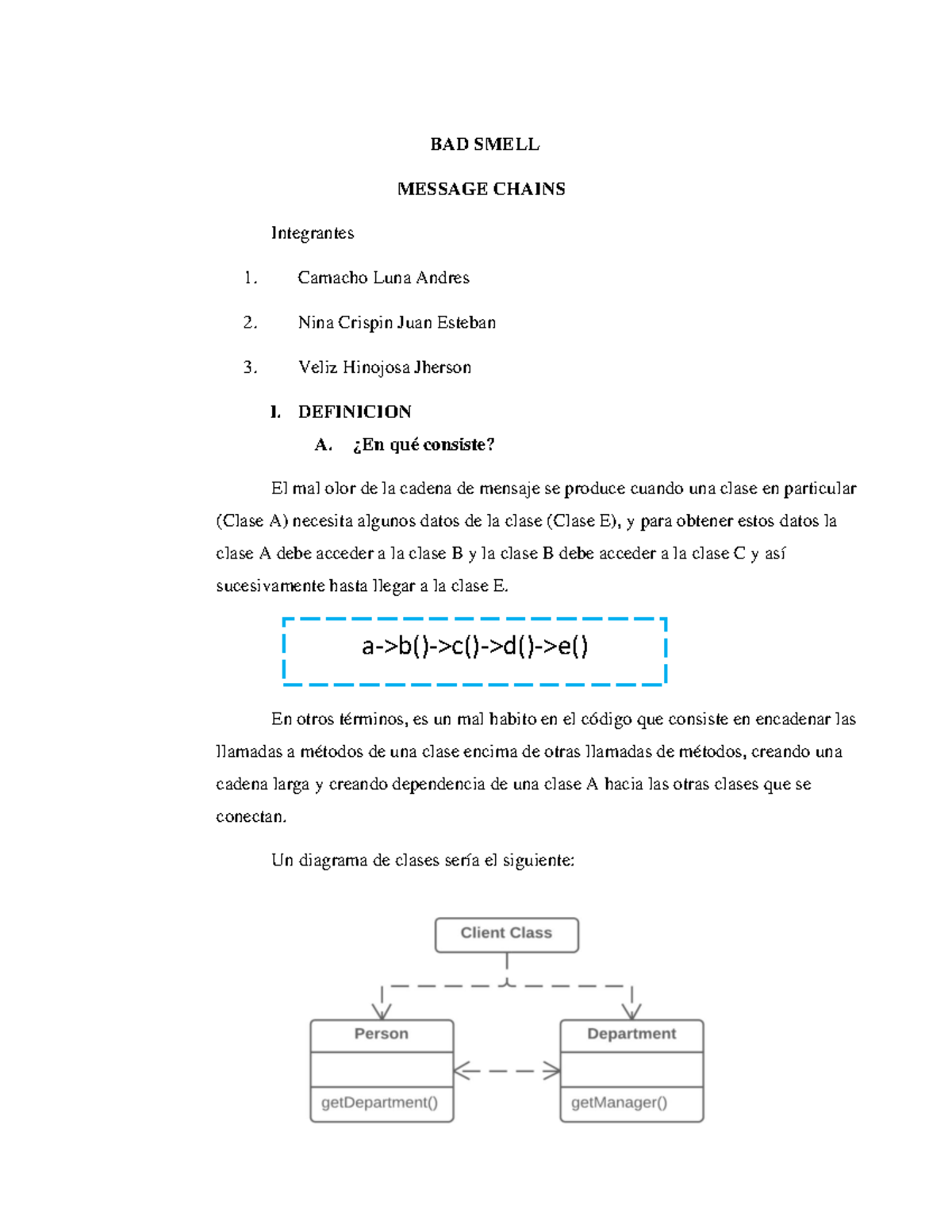 Bad Smell Message Chains BAD SMELL MESSAGE CHAINS Integrantes Camacho Luna Andres Nina Crispin