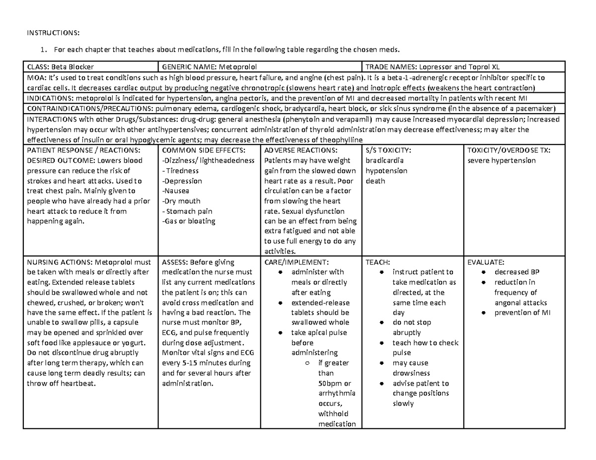 Med Card Assignment-Metorprolol - INSTRUCTIONS: For each chapter that ...