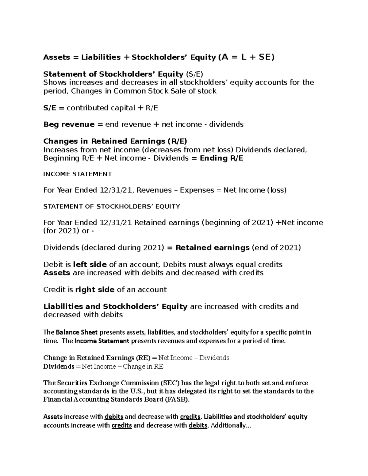 Acc quiz 1 cheat sheet - Assets = Liabilities + Stockholders’ Equity (A ...