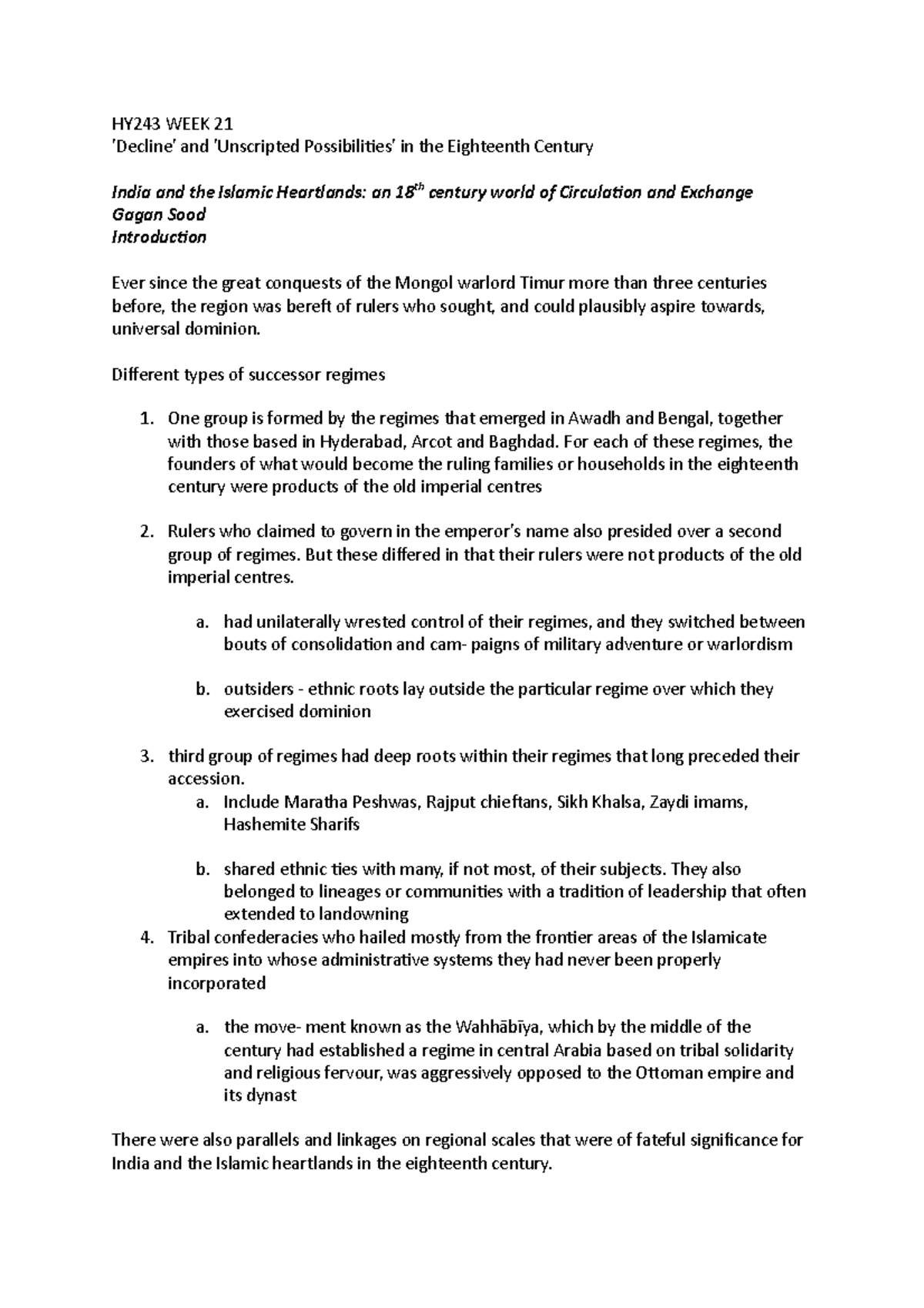 HY243 WEEK 21 Ottoman, Safavid and Mughal 'Decline' in the 18th