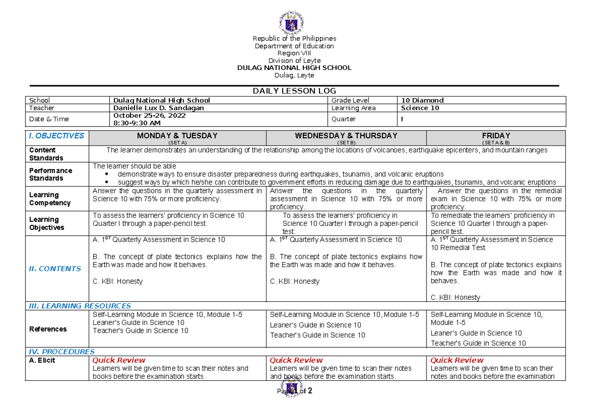 DLL Q1 Science-Oct - Example of LP of examination - School Dulag ...