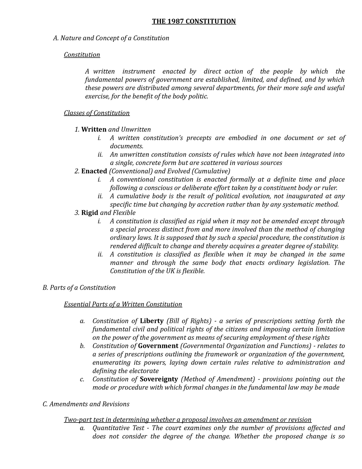 1987 Philippine Constitution Notes - THE 1987 CONSTITUTION A. Nature ...