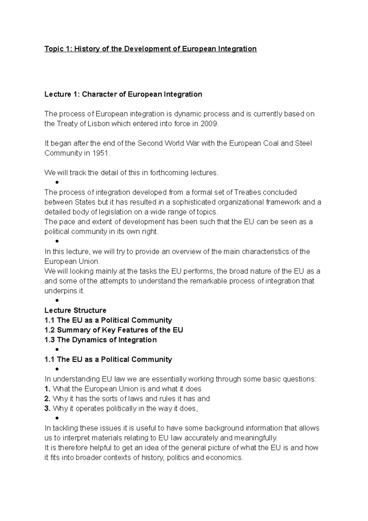 Lecture 1 - Topic 1: History of the Development of European Integration ...