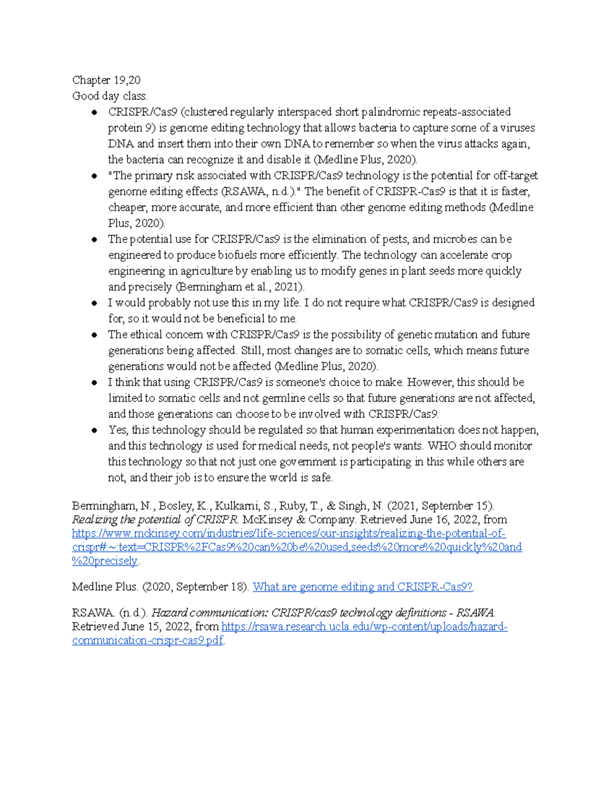 Unit 9 SC235 Disscussion - Chapter 19, Good day class. CRISPR/Cas9 ...