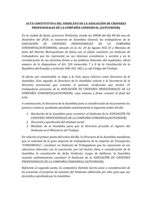 ACTA Constitutiva DEL Sindicato Y D ELA Directiva DEL Sindicato - ACTA  CONSTITUTIVA DEL SINDICATO DE - Studocu