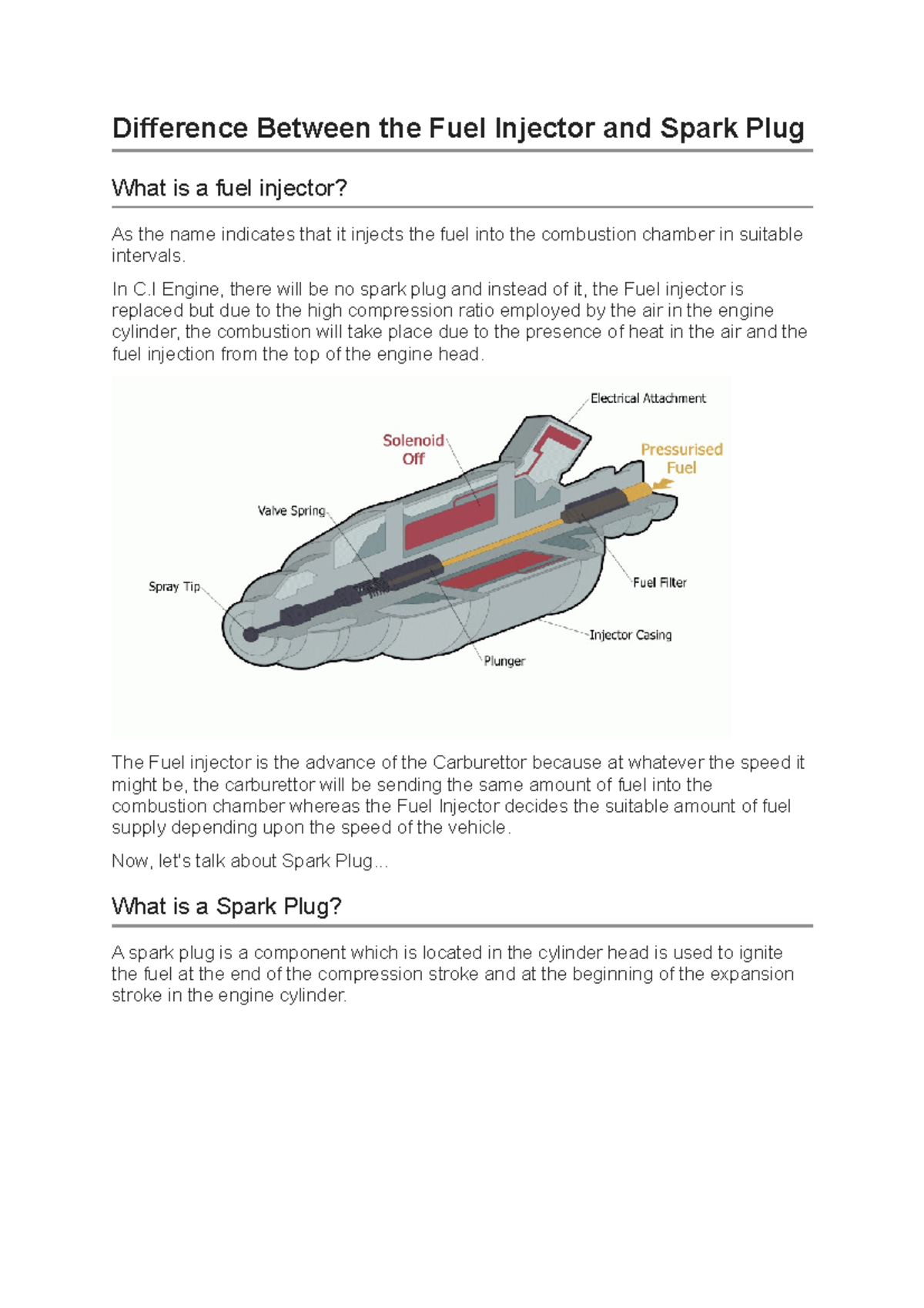 Difference Between the Fuel Injector and Spark Plug In C Engine