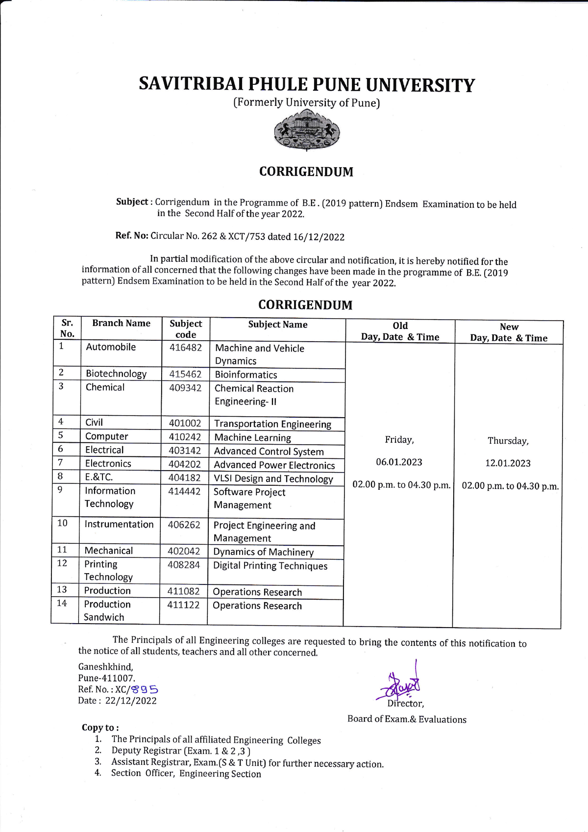 Corrigendum FOR B.E.(2019 Pattern) Endsem EXAM. Timetable-NOV ...