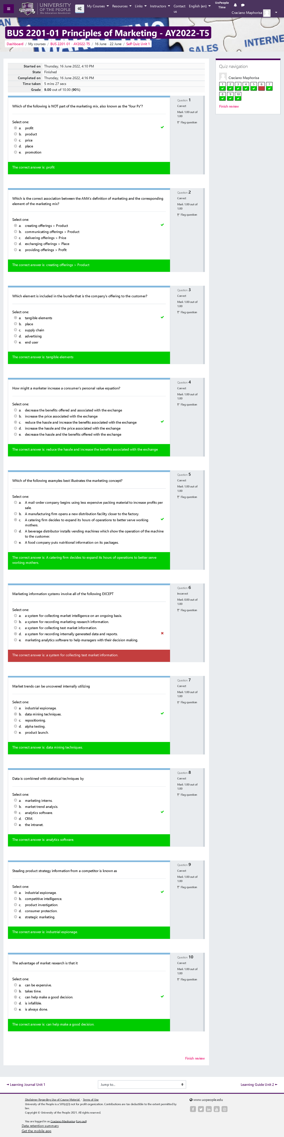 Self Quiz Unit 1 Attempt Review - BUS 2201-01 Principles Of Marketing ...