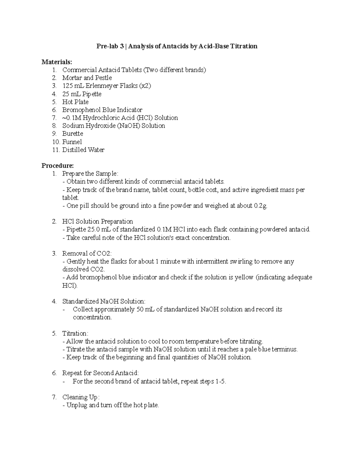 Prelab 3 Analysis of Antacids by AcidBase Titration Prelab 3