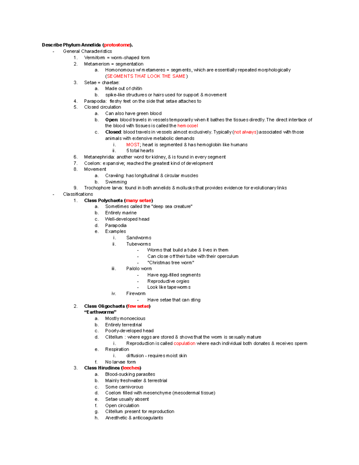 BSC Unit 4 Exam Study Guide - Describe Phylum Annelida (protostome ...