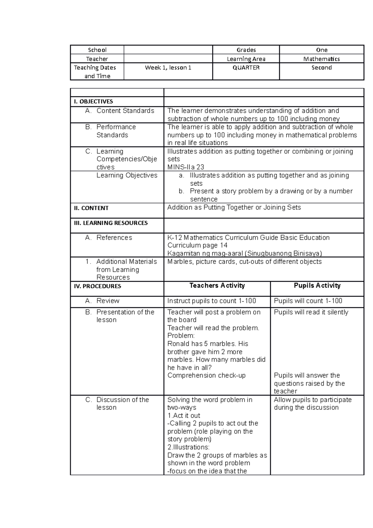 Grade I DLP - GOD BLESS - School Grades One Teacher Learning Area ...