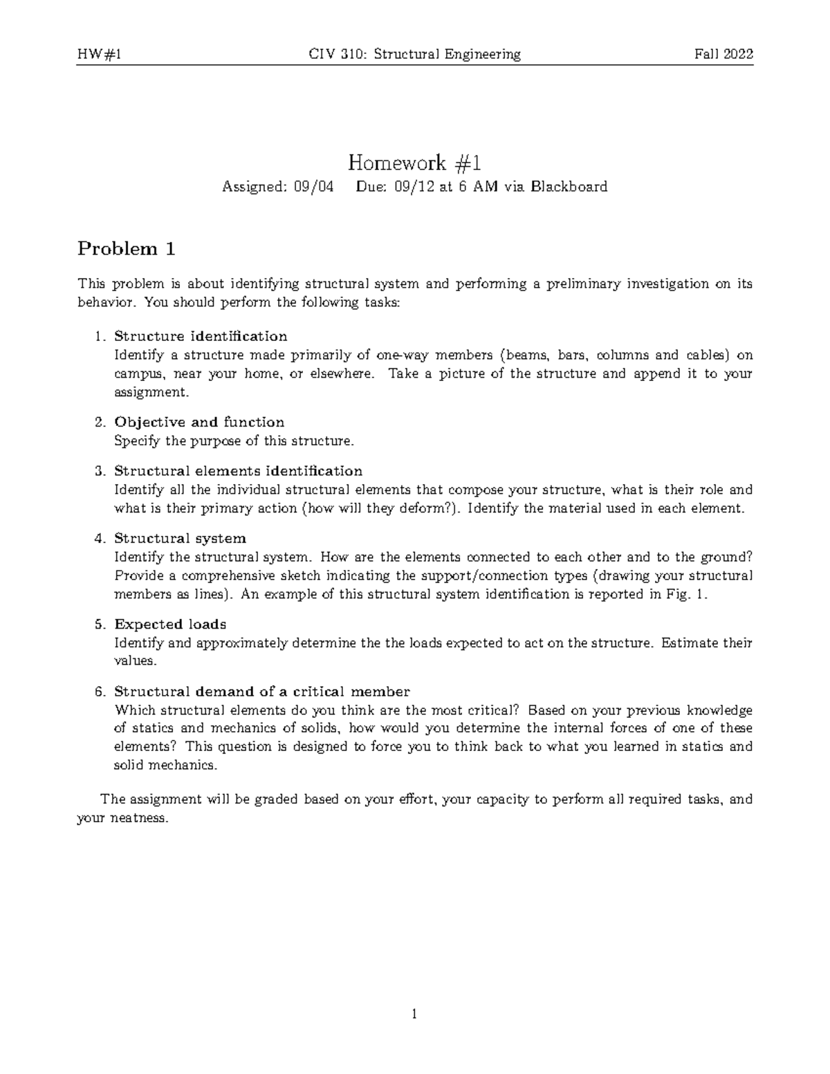 Hw1 CIV310 Fall2022 - Homework 1 Problems - HW#1 CIV 310: Structural ...