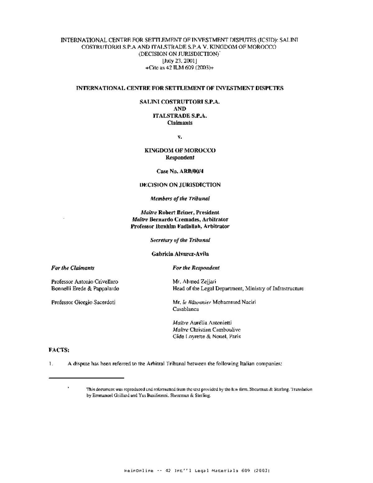 Salani v Morocco Investment related case law INTERNATIONAL CENTRE