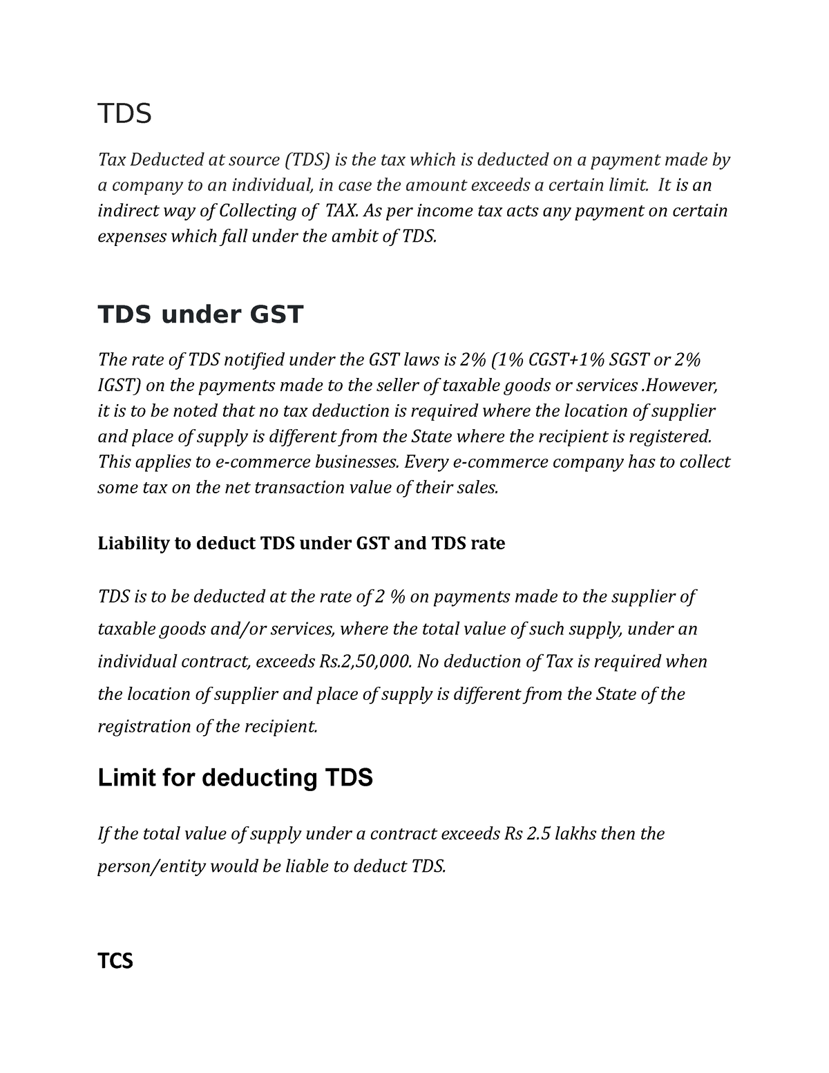 TDS TCS IN GST - TDS AND TCS - TDS Tax Deducted At Source (TDS) Is The ...