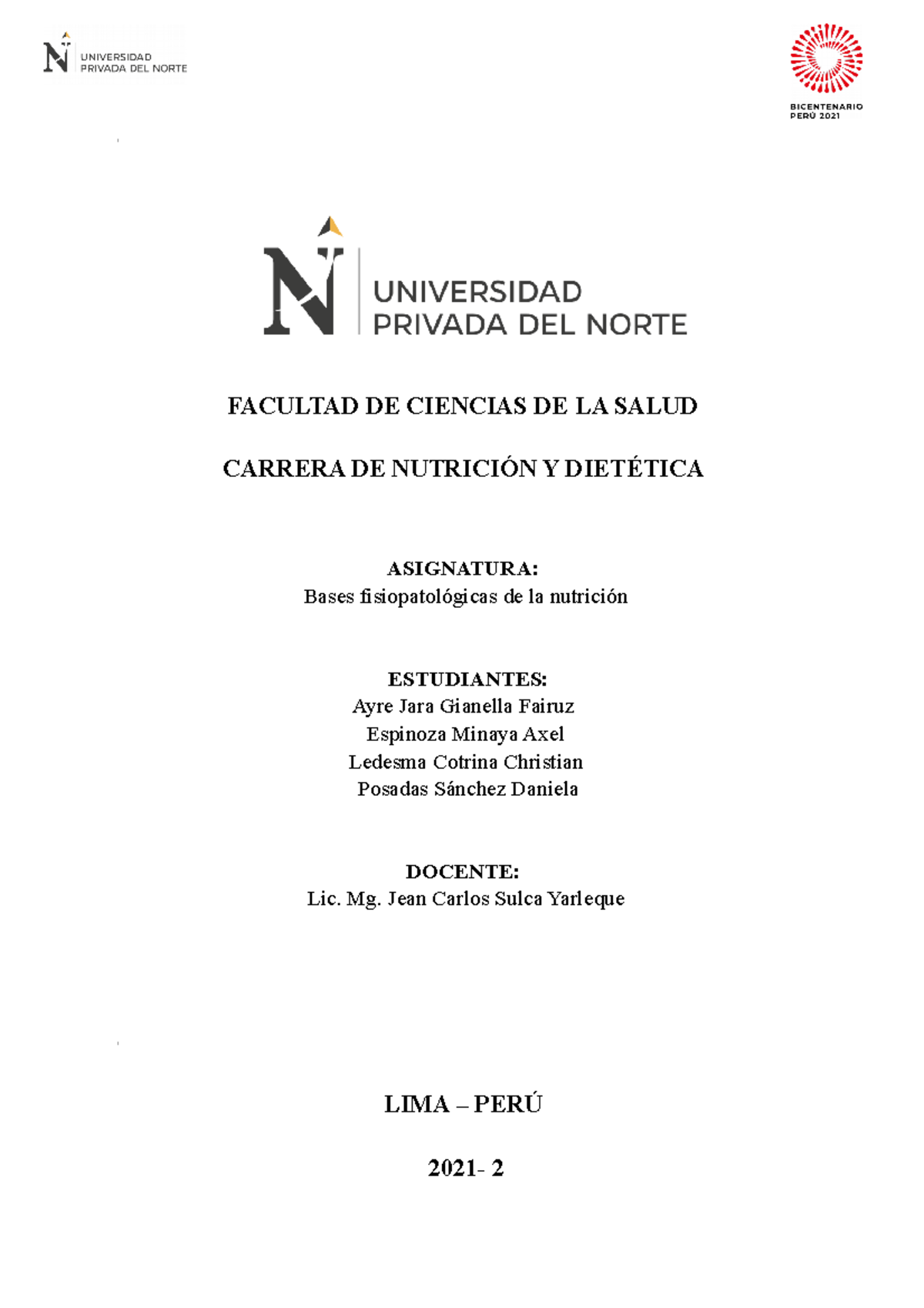 Practica 5 Fisiopatologia DE LA Nutricion FACULTAD DE CIENCIAS DE LA SALUD CARRERA DE