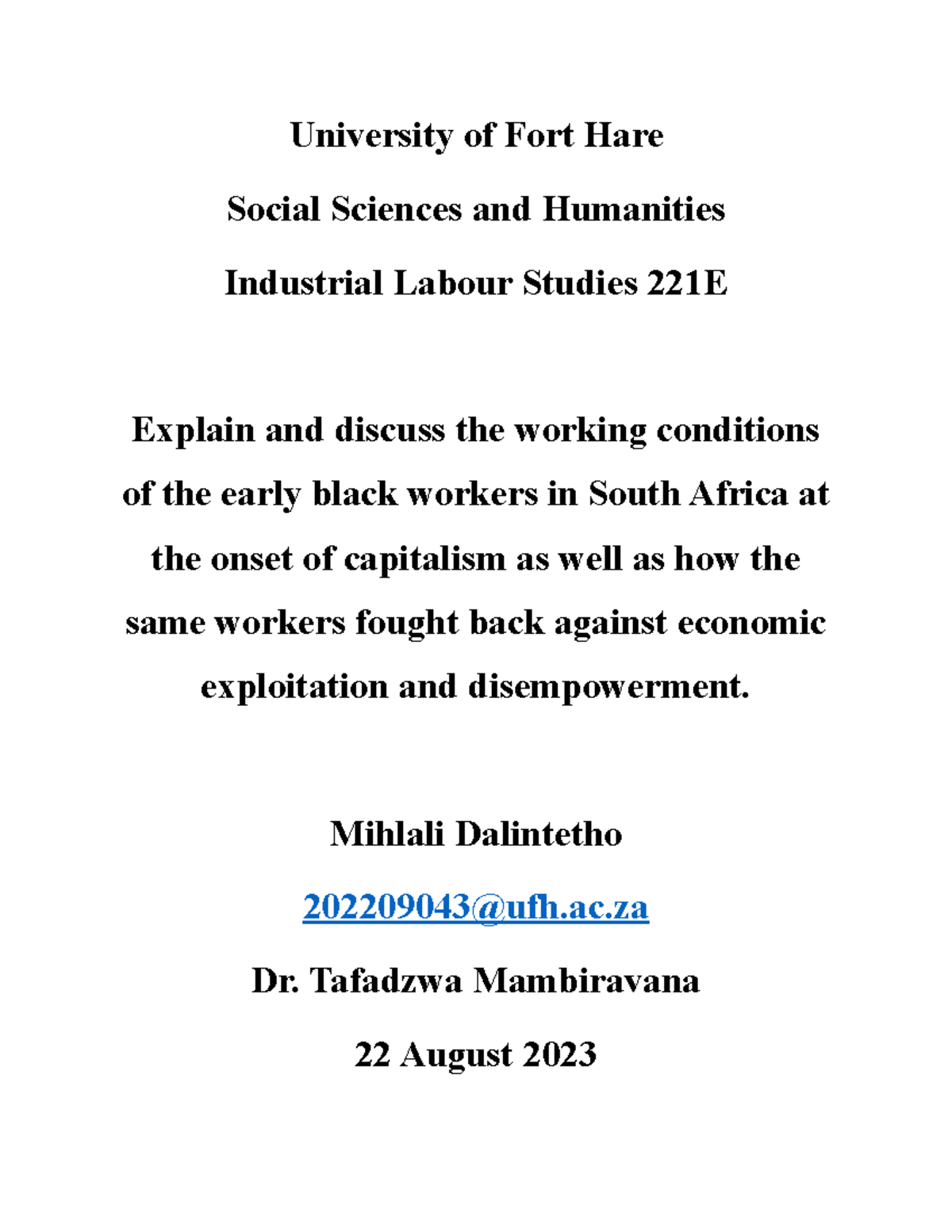 University of Fort Har1 University of Fort Hare Social Sciences and