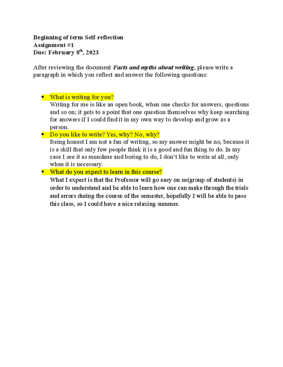 Assignment #1- Self Reflection GEEN 1203 completed - Beginning of term ...
