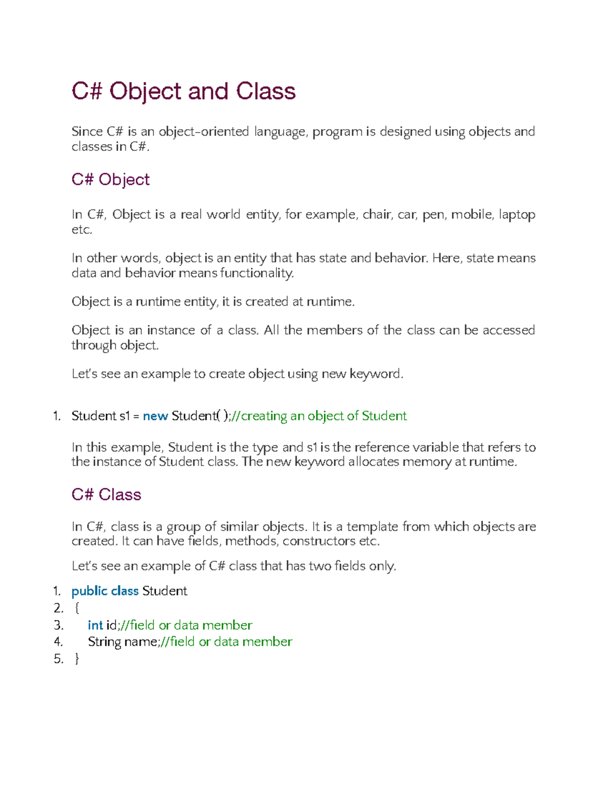 UNIT-2 C# Notes 6TH SEM ECE - C# Object and Class Since C# is an object ...