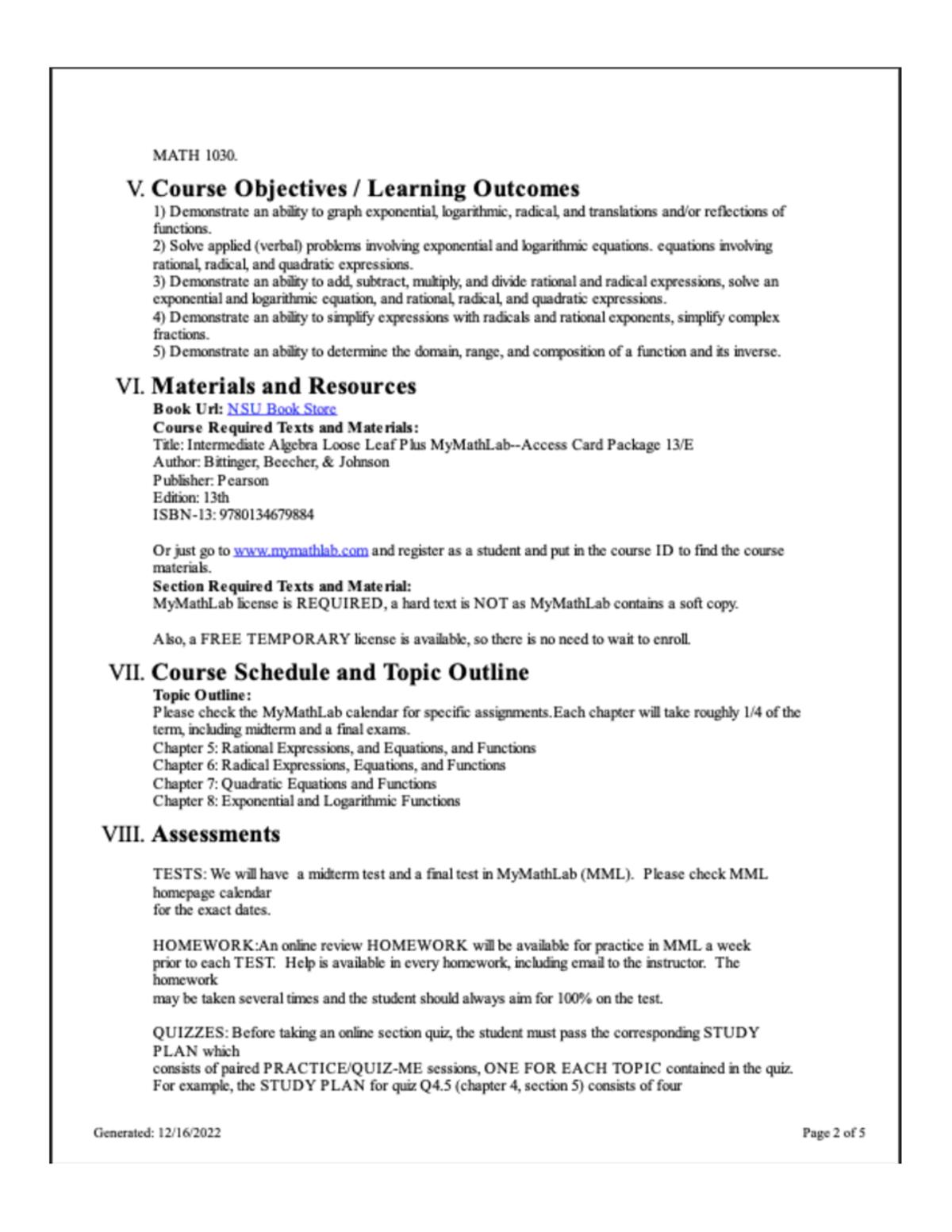 course syllabus for algebra - MATH 1040 - Studocu