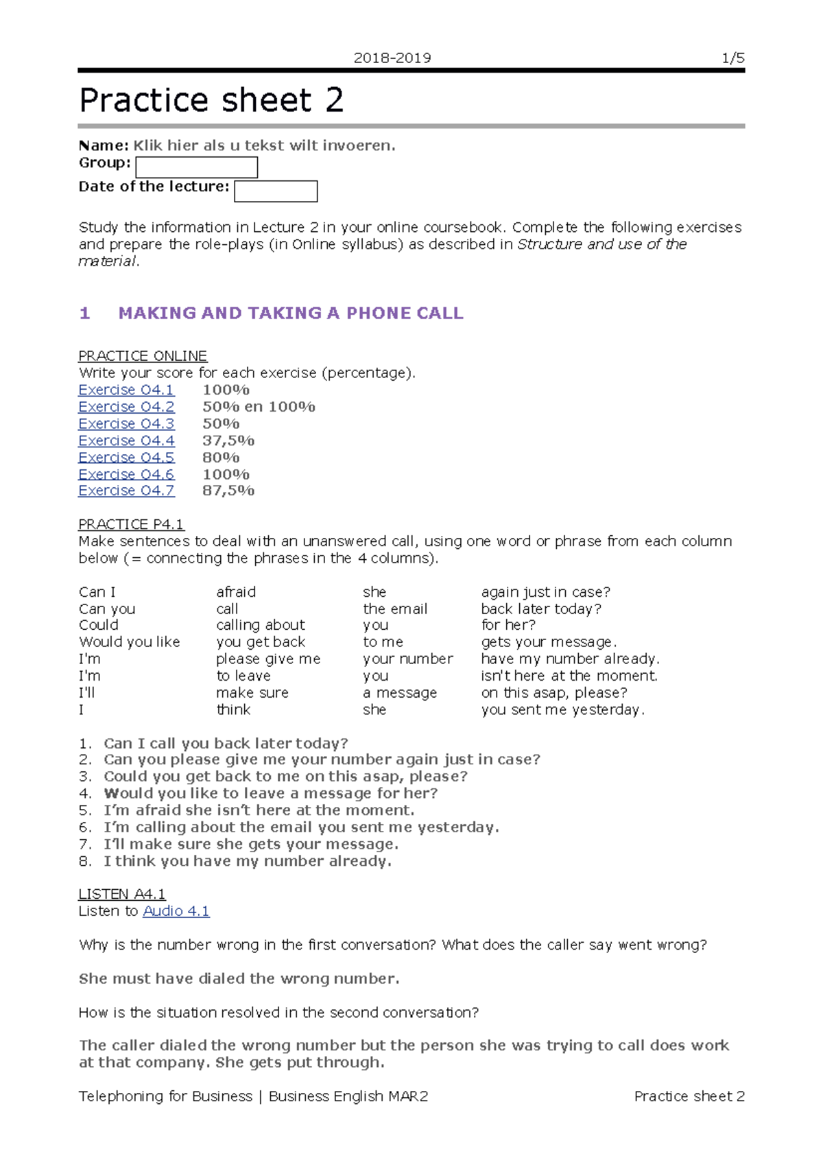 Telephoning-Practice Sheet-02 - 2018-2019 1/5 Practice sheet 2 Name ...