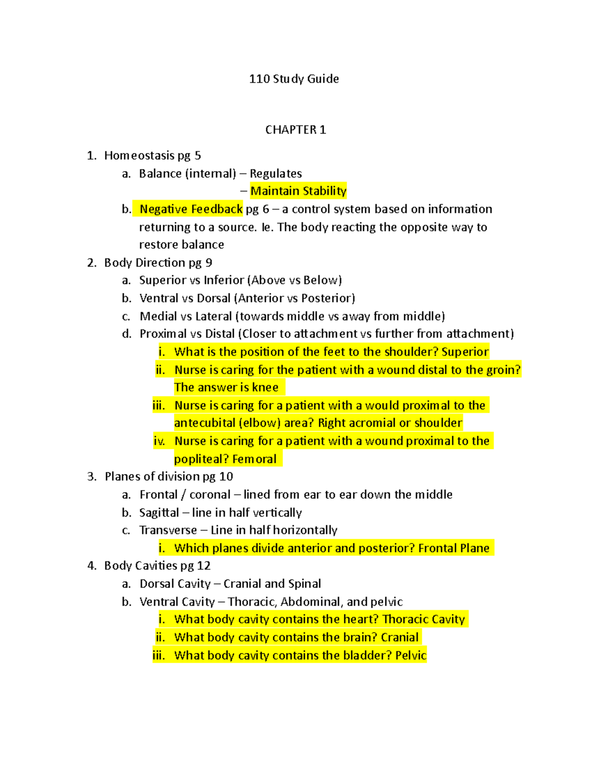 110 Study Guide - testing - 110 Study Guide CHAPTER 1 Homeostasis pg 5 ...